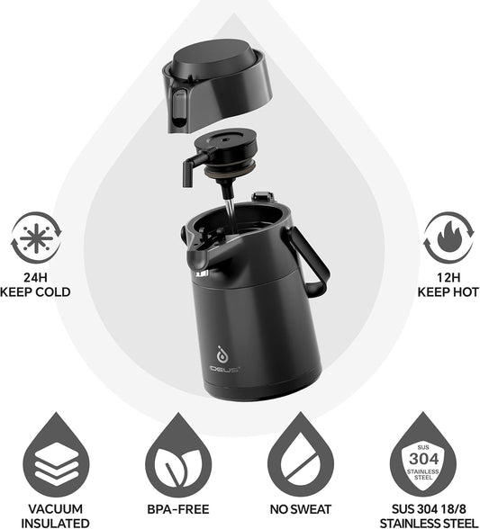 IDEUS Thermal Coffee Carafe 74oz (2,200ml), Stainless Steel Double Wall Insulated Vacuum Flask, Water Jug Coffee Server and Beverage Dispenser, Heat and Cold Retention (Black, 74oz (2,200ml))