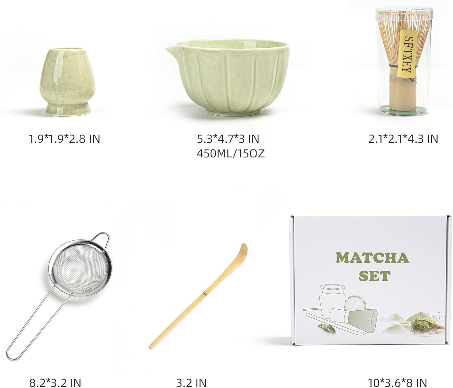 Matcha Whisk Set, Matcha Bowl with Spout, Matcha Whisk, Chasen Holder, Sifter, Bamboo Scoop - 5 Pcs Perfect Matcha Making Kit for Matcha Lover and Tea Ceremony (Speckled Green)
