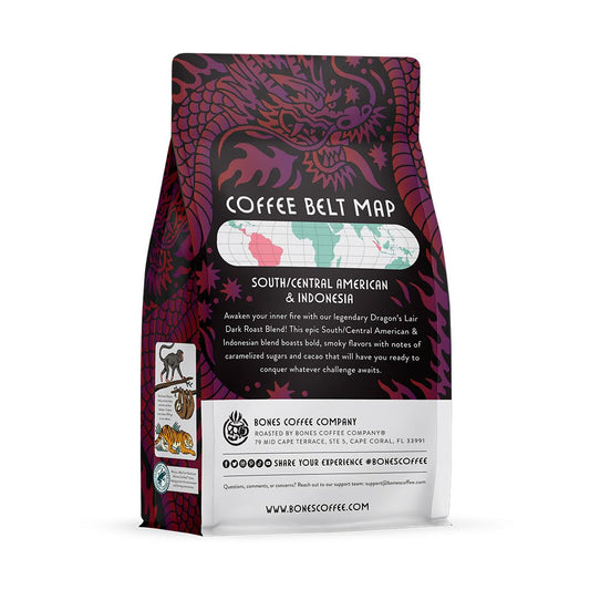 Bones Coffee Company Dragon's Lair, Smokey, Cacao and Caramelized Sugar Notes, Unflavored Coffee, Medium Roast Low Acid Arabica Beans Compatible with Auto drip and French Press Coffee Maker, 12 Oz Whole Bean