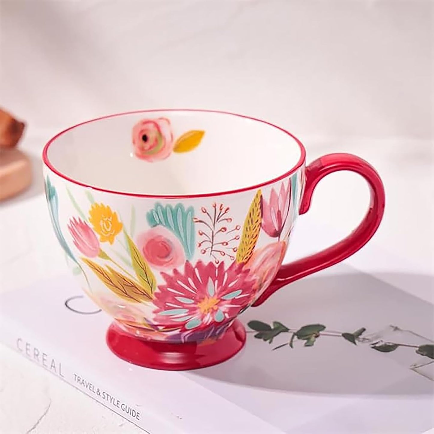 Vintage Flower Mugs โ Large Ceramic Coffee Mug (15oz) โ Cute Cereal Cup for Breakfast, Oatmeal Tea & Hot Drinks โ Handmade Ceramic Cup with Floral Design