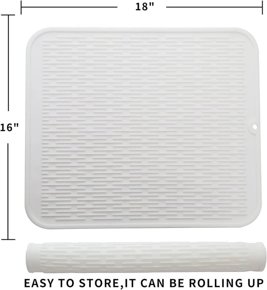 Silicone Dish Drying Mat for Multiple Usage,Easy clean,Eco-friendly,Heat-resistant Silicone Mat for Kitchen Counter or Sink,Refrigerator or Drawer Liner White XL 18 inches x 16 inches