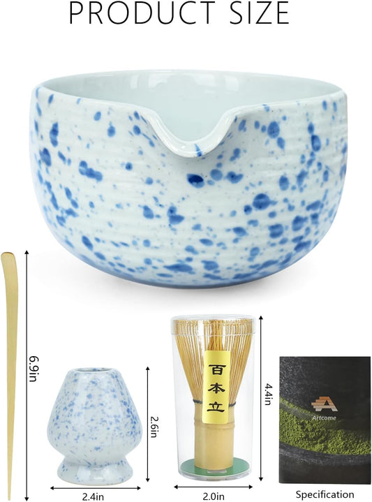 Artcome Matcha Tea Set - Ceramic Matcha Bowl with Pouring Spout, Bamboo Whisk, Whisk Holder, Tea Scoop & Matcha Manual - Complete Traditional Japanese Tea Ceremony Kit for Home, Office, or Gift, Blue
