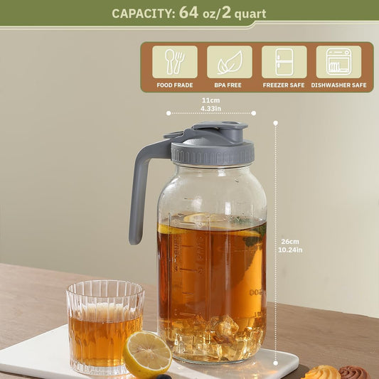Glass Tea Pitcher with Wide Mouth Airtight Lid Leak Proof Fridge Container with Gray Lid Mason Jar for Water, Tea,Juice and Drinks (1 Pack-64OZ)