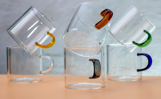 BacimiĀ® Clear Espresso Cups with Colorful Handles - Set of 6 / 4oz / 120ML - Borosilicate Glass Mugs for Cappuccino, Tea, Latte, & Hot Beverage - Mini Drinking Cups - Microwave Safe