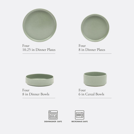 Gibson Elite Deerfield 16-Piece Stoneware Dinnerware Set – Matte Green Stackable Plates and Bowls, Reactive Glaze Finish, Service for 4 – Microwave & Dishwasher Safe