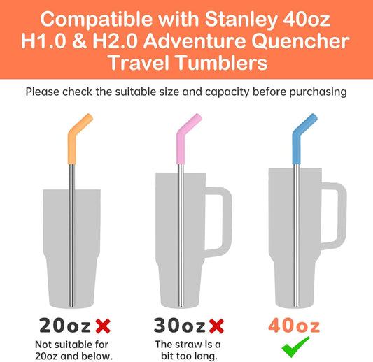 Tomorotec 6PCS Silicone Tip Stainless Steel Straws for 40oz Stanley Tumblers with 2 Cleaning Brushes, 13" Long BPA-Free Healthy & Safe for Outdoor & Home Use, Enhances Drink Enjoyment (Macaron Colors)