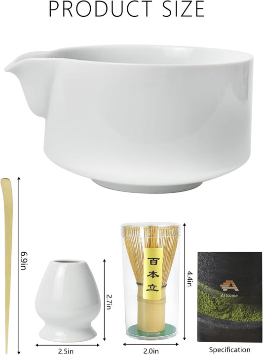 Artcome Premium Matcha Tool Set – Includes Matcha Bowl with Pouring Spout, Whisk, Whisk Holder, Tea Scoop & Matcha Manual - White