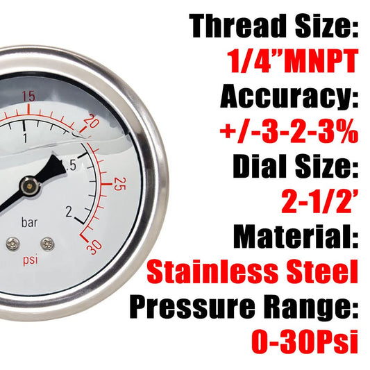 Pressure Gauge 1/4" NPT 0-30Psi Glycerin Filled 2 1/2 inch Dial 304 Stainless Steel Case Center Back Mount