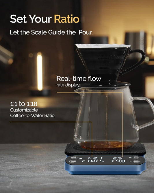 Maestri House S3 Coffee Scale with Timer, 3kg/0.1g Rechargeable Digital Scale, 3 Brew Modes, Adjustable Ratios & Flow Rate Display, Barista-Grade for Pour-Over, Espresso, French Press โ Blue