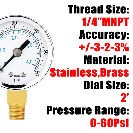 1/4" NPT Pressure Gauge 60Psi Steel Economical All Purpose with Brass Internals 2" Dial Display Bottom Mount