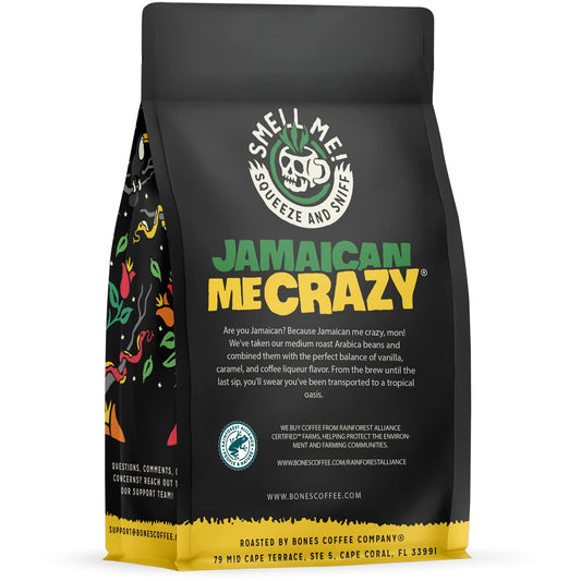 Bones Coffee Company Jamaican Me Crazy, Vanilla Caramel Flavored Coffee, Medium Roast Low Acid Arabica Beans Compatible with Auto drip and French Press Coffee Maker, 12 Oz Ground