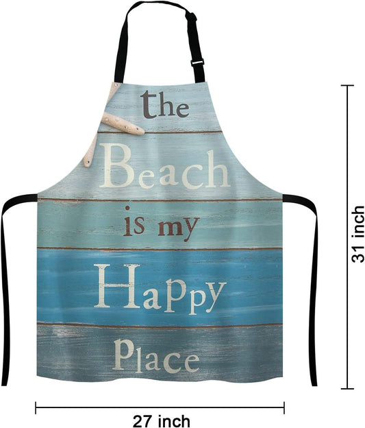 The Beach Is My Happy Place Bib Apron with Adjustable Neck for Men Women,Suitable for Home Kitchen Cooking Waitress Chef Grill Bistro Baking Apron