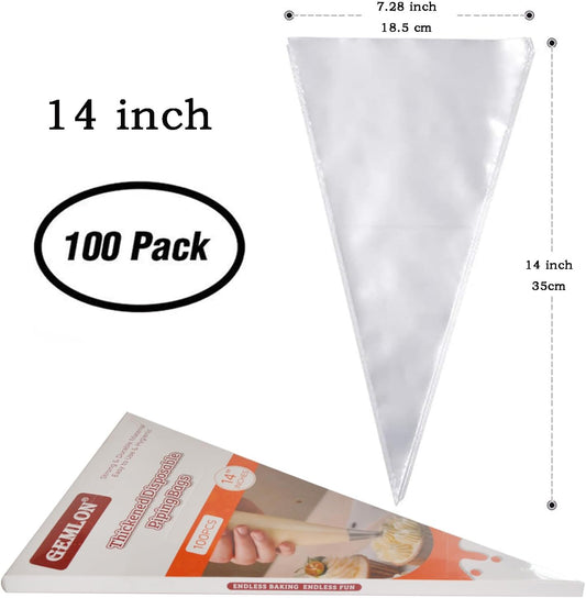 GEMLON 14 Inch Disposable Piping Bags 100 Pack – Anti-Burst Durable Plastic Pastry Bags, Clear Royal Icing Piping Bags for Cookie, Frosting, Cupcakes & Chocolate, Cake Decorating Supplies Baking Tools