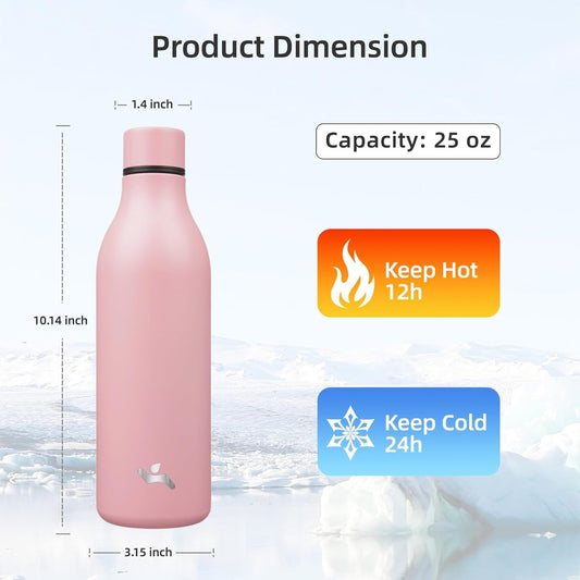 Insulated Water Bottle with Strap,25 oz Double Wall Stainless Steel Vacuum Bottles Metal Water Flask,Light Pink