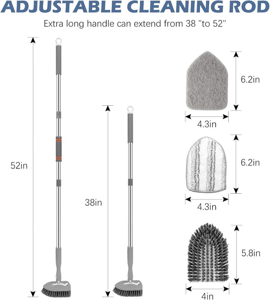 SetSail Floor Scrub Brush, 3-In-1 Tile Tub Floor Scrubber with 52-inch Adjustable Long Handle Shower Cleaner Brush and 4 Detachable Replacement Brush Heads for Cleaning Bathroom Kitchen Tub Tile, Grey