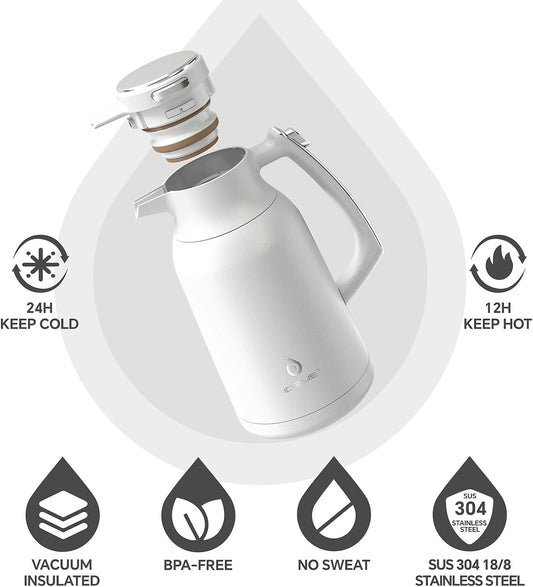 IDEUS Thermal Coffee Carafe 68oz (2,000ml), Stainless Steel Double Wall Insulated Vacuum Flask, Water Jug Coffee Server and Beverage Dispenser, Heat and Cold Retention (White-Silver, 68oz (2,000ml))