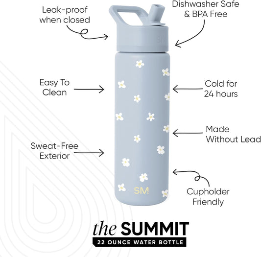 Simple Modern Water Bottle with Straw Lid | Vacuum Insulated Stainless Steel Metal | Reusable Leak Proof BPA-Free Cup for School | Summit Collection | 22oz, Sweet Daisy on Blue