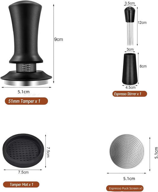 Gmnuiy51mm Coffee Espresso Tamper ,with Stainless Steel Base Tamper ,Silicone Tamper Mat,Black Espresso Distribution Tool, Coffee puck screen