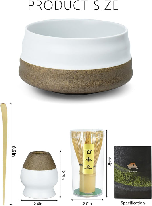 Artcome Premium Matcha Tea Set - 19.6oz Ceramic Bowl, Bamboo Whisk, Scoop, Whisk Holder & Brewing Guide - Authentic Japanese Tea Ceremony Tools for Matcha Preparation