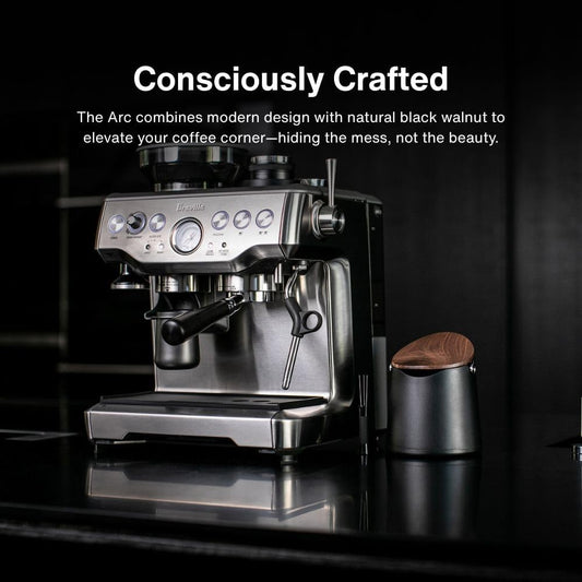 Crema Coffee Products Arc Knock Box | Holds 12–16 EspressoPucks|Durable,Stain-ResistantBuild withNon-Slip Base|Elegant WalnutPlastic Lid Design| EasyClean-Up &Moisture Control|BlackPlasticLid Finish