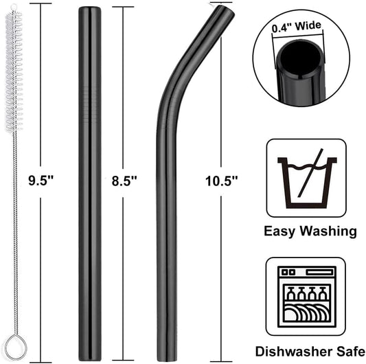 Vinaco Reusable Smoothie Straws & Milkshake Straws 0.4" Wide Mouth Straw, Set of 6 Stainless Steel Straws 8.5"&10.5" with 1 Long Straw Cleaner Brush,Black Metal Straws for Jumbo Thicker Drinks