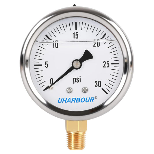 Glycerin Filled Pressure Gauge with 304 Stainless Steel Case, 2.5" Dial Size, 0-30Psi, High Accuracy, 1/4" NPT Center Lower Mount with Single Scale (psi).…