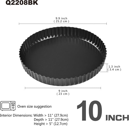 10-Inch Round Tart Pan with Loose Removable Bottom, Non-Stick Carbon Steel Quiche Pan for Oven Baking (Black)