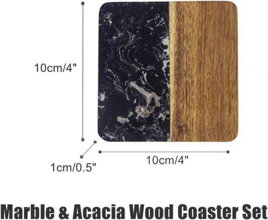 I-LAN 4 Pack 4 x 4 Inch Squre Natural Wood and Marbel Style Coasters for Drinks,Marble and Natural Wood Joint Mixed Modern Style Heat-Resistant Coaster Set for Home Kitchen