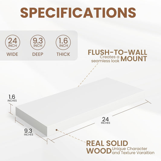 White Floating Shelves 24 Inch Long, 9.3 Inch Deep Floating Shelves for Wall, Rustic Solid Wood Shelves, Deep Wall Shelves for Living Room, Bedroom, Kitchen, 24"W x 9.3"D x 1.6"H, Set of 2