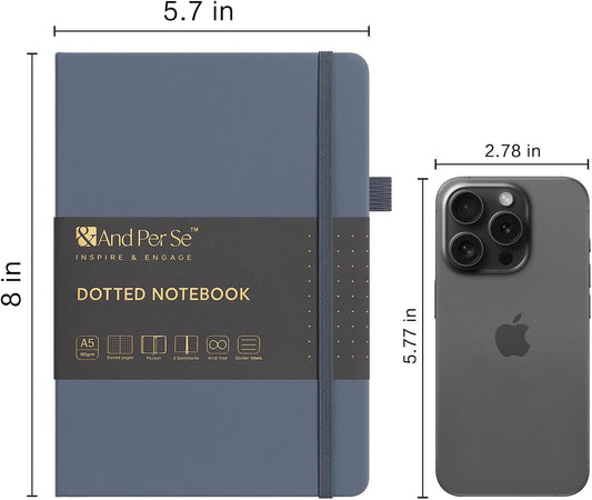 &And Per Se Dotted Journal Notebook, A5 Hardcover Bullet Dotted Journal, 160 Pages 100 gsm Thick Dotted Paper, 3 Sheets of Stickers Included - 5.7'' x 8''(Dark Blue)