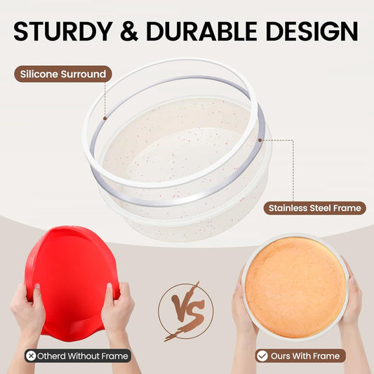 Vinino 8 Inch Silicone Round Cake Pan with Metal Reinforced Frame Set of 2, Nonstick Silicone Springform Pan for Baking Suitable for Making Layers, Cheese & Chocolate Cakes