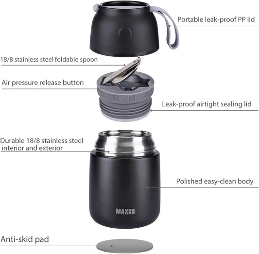 Insulated Thermo Food Jar for Hot & Cold Food for Kids Adult, 17 oz Soup Thermal Hot Food Containers for Lunch, Triple Layer Insulation Stainless Steel Food Jar with Spoon (Black)