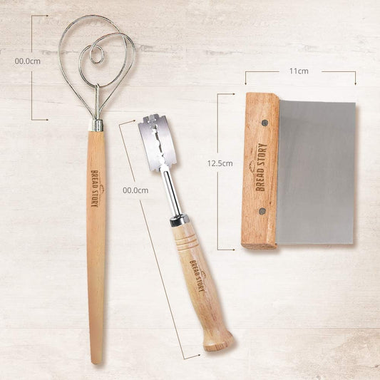 Bread Story Danish Whisk Dough Lame Slashing Tool And Wooden Scraper Tool Used for Pastry Baking Sourdough Starter Kit Set of 3