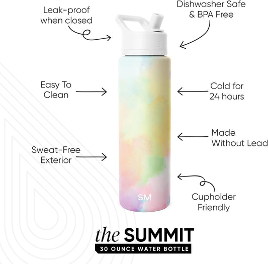 Simple Modern Water Bottle with Straw Lid | Vacuum Insulated Stainless Steel Metal Thermos | Reusable Leak Proof BPA-Free Flask for Sports Gym | Summit Collection | 30oz, Cotton Candy Tie Dye