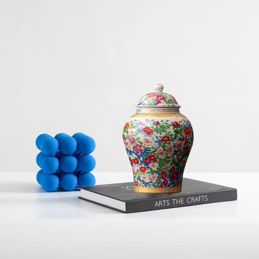 8 inches Ginger Jar with Lid- colored flowers pattern Ceramic Decorative small Ginger Jars, chinoiserie gift Enamel decor jar for Home/Kitchen/Dining/living room/shelf decor/Tea Storage
