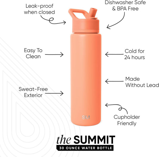 Simple Modern Water Bottle with Straw Lid | Vacuum Insulated Stainless Steel Metal Thermos | Reusable Leak Proof BPA-Free Flask for Sports Gym | Summit Collection | 30oz, Clementine