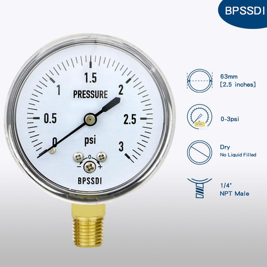 0-3 Psi Low Pressure Gauge, Capsule Gauge, 304 Stainless Steel Case, 2.5" Dial Size, 1/4" NPT Lower Mount, Zero Adjustment, for Air Water Gas Pressure Test
