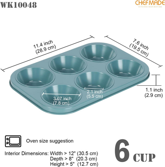 CHEFMADE Muffin Pan, 6-Cavity Non-Stick Cupcake Baking Pan Heavy Duty Carbon Steel Pan Muffin Tins Standard Baking Mold for Cakes(Green)