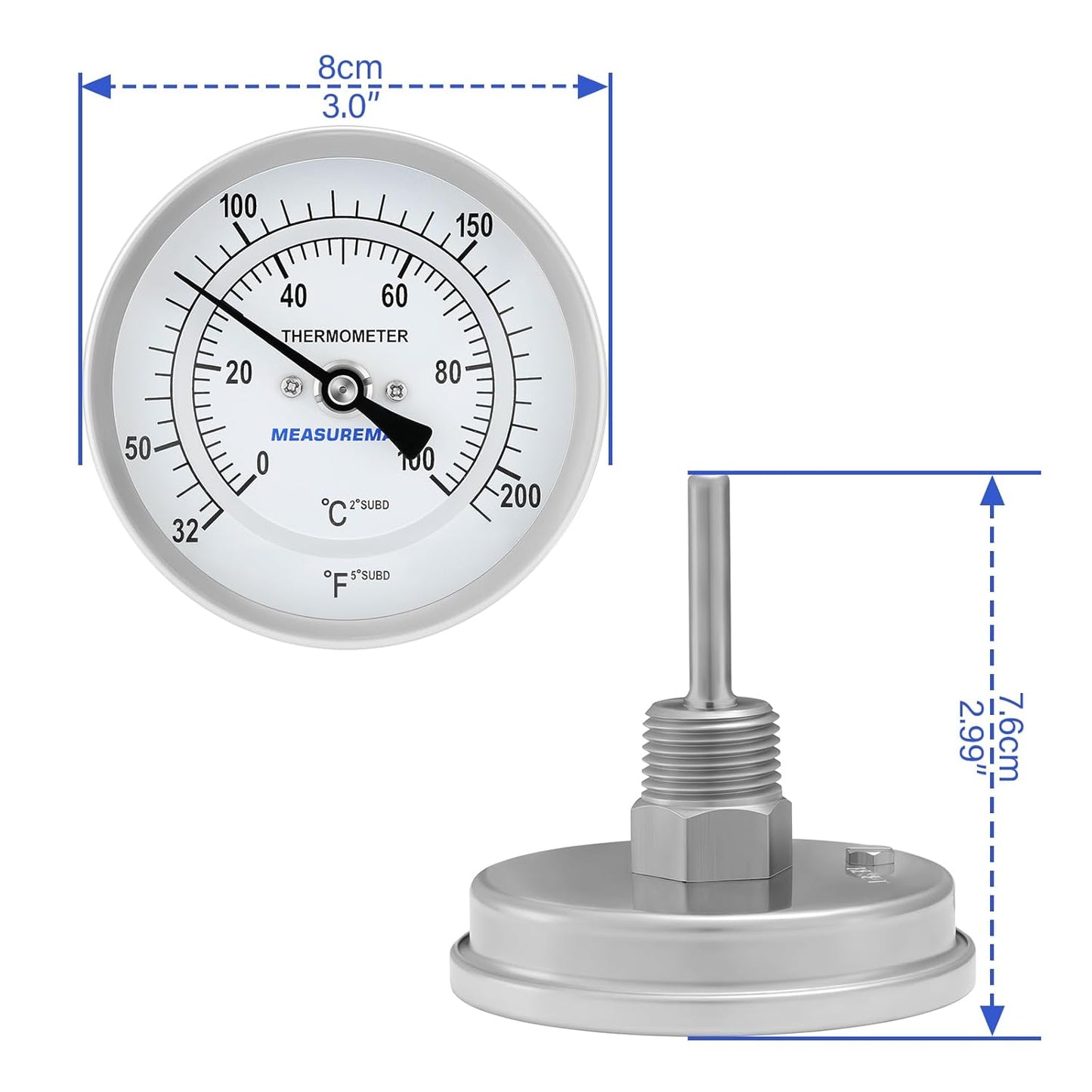 MEASUREMAN Hot Water Thermometer, 3" Dial, 2" Lead-Free Brass Stem, 32-212F/0-100C Range, 2% Accuracy, Adjustable, 1/2" NPT Back Mount