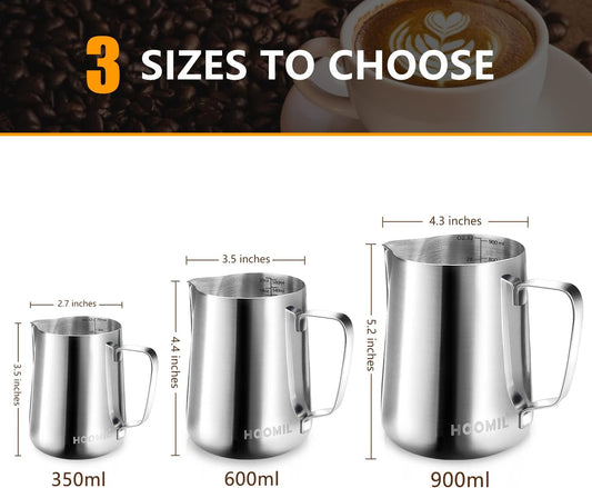 HOOMIL Milk Frothing Pitcher, 12oz/350ml Stainless Steel Steaming Pitcher Barista Milk Frother Cup Jug for Espresso Machine Coffee Cappuccino Latte Art - Silver