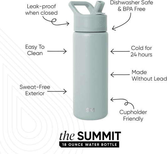 Simple Modern Kids Water Bottle with Straw Lid Vacuum Insulated Stainless Steel Metal Thermos Bottles | Reusable Leak Proof BPA-Free Flask for School | Summit Collection | 18oz, Sea Glass Sage
