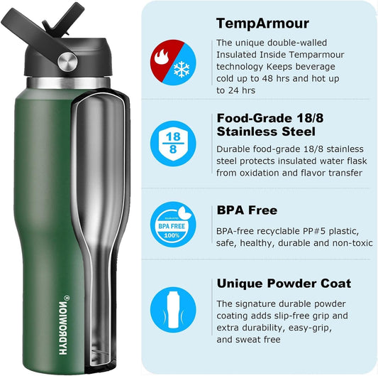40 oz Insulated Water Bottle with Straw fit in Car Cup Holder(Cold 48 hrs, Hot 24 hrs) Drinking Bottle with Straw Lid, Spout Lid and Flex Cap Leakproof Travel Thermo Mug,Olive