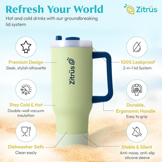 40 oz Tumbler with Handle and Straw | Leak Proof Insulated Stainless Steel Water Bottle Travel Mug Fits in Cup Holder | Keeps Cold Hot | Gifts for Women Men Him Her (Pastel Green, 40 oz)
