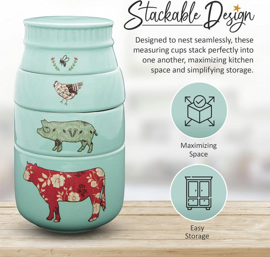 Pavilion Gift Company - 'Live Simply Bee, Chicken, Pig, and Cow' - 4-Piece Stoneware Measuring Cups Set, Sturdy Farmhouse-Style Kitchenware for Home Baking, Cooking, Gifting - Teal, 8 Ounces