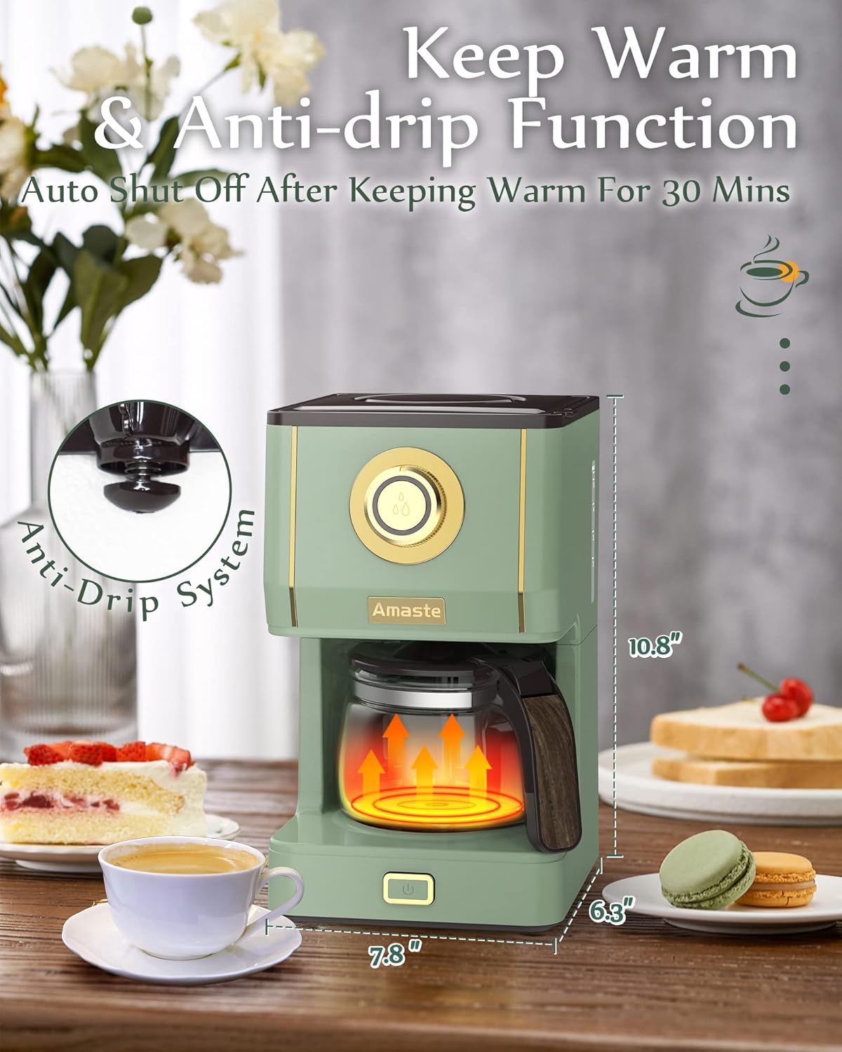 Amaste Drip Coffee Maker, Coffee Machine with 25 Oz Glass Coffee Pot, Retro Style Coffee Maker with Reusable Filter & Three Brewing Modes, 30minute-Warm-Keeping, Matcha Green