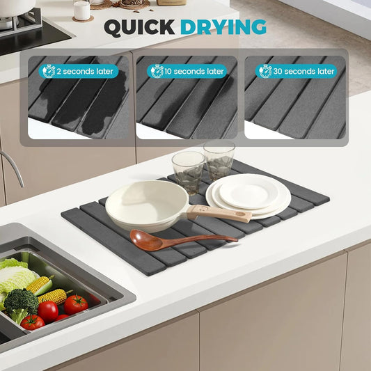 Extral Large Quick Dry Stone Drying Mat for Kitchen Counter,24"(L)x16"(W) Collapsible Eco-Friendly Absorbent Diatomaceous Earth Mat for Dishes Cups,Dish Drying Mats for Any Countertop 