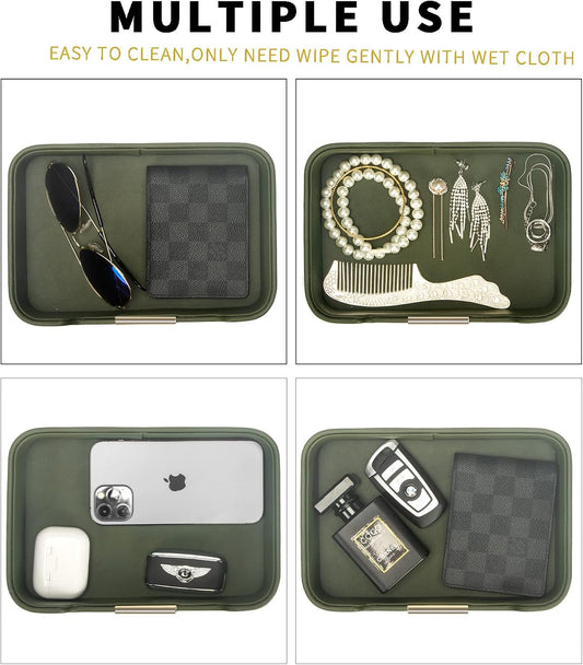 SANZIE Luxury Leather Tray Desktop Storage Catchall Organizer Decorative Tray for Entryway Table to Hold Jewelry Watch Keys Phone Wallet (Metal Glided, Dusty Green)