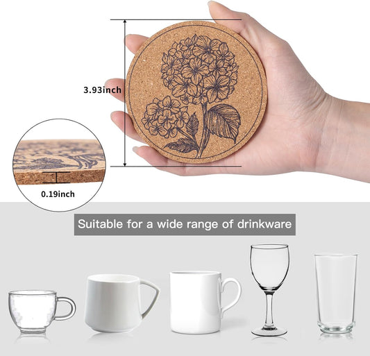 Coasters for Drinks 12 pcs Absorbent Cork Coasters with Flower Coaster for Coffee Table Housewarming Gifts for New Home Present for Friends, Living Room Decor, Apartment Decor