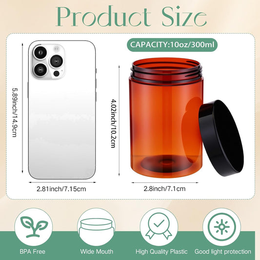 Patelai 4 Pieces Round Wide-mouth Leak Proof Plastic Container Jars with Lids for Travel Storage Makeup Beauty Products Face Creams Oils Salves Ointments DIY Making(10 Ounce,Amber)