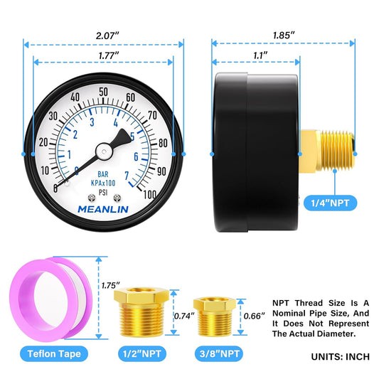 MEANLIN MEASURE 0-100Psi 2" DIAL FACE 1/4" NPT Well Pump Pressure Gauge, with 1/2" NPT and 3/8" NPT Hex Bushing, 3-2-3% Accuracy, Center Back Mount